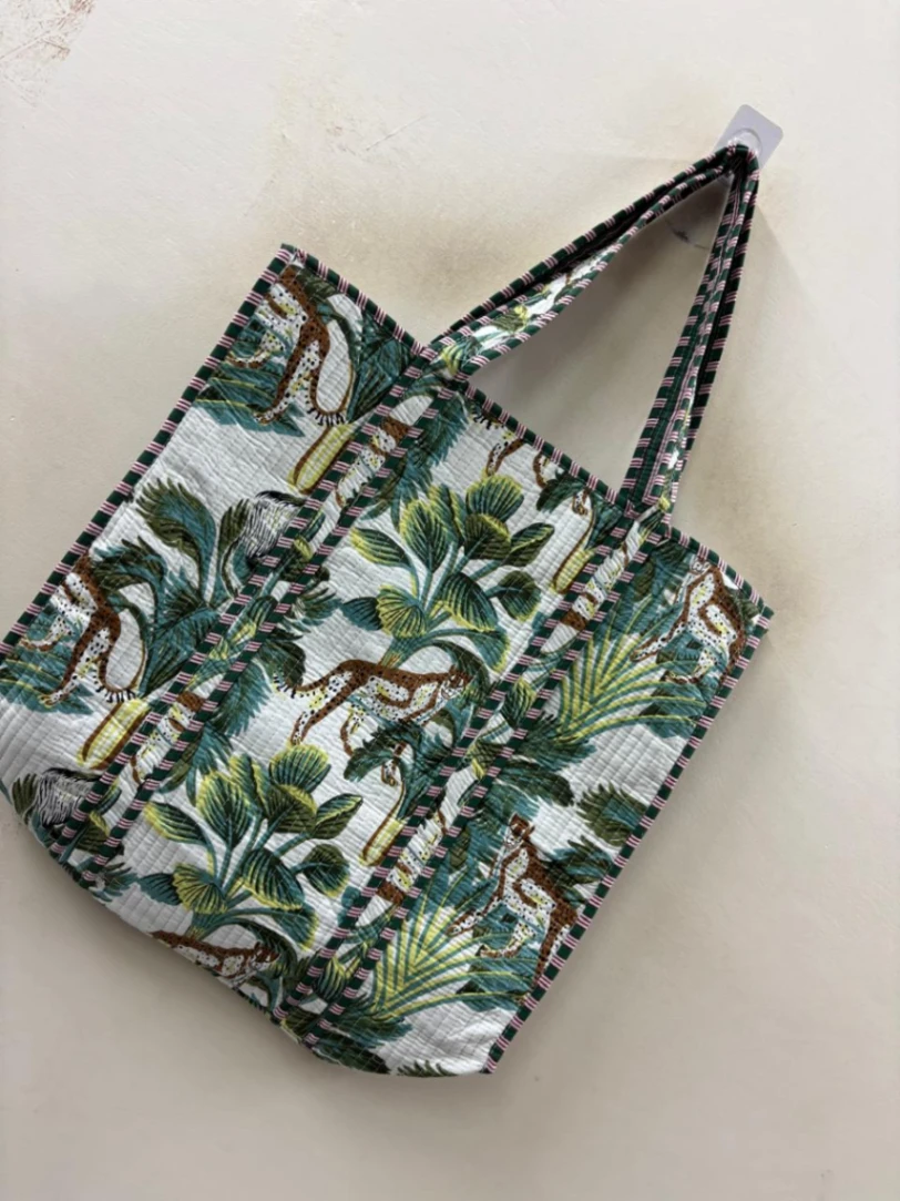Handcrafted Quilted Cotton Tote Bag with Tiger Print view 3