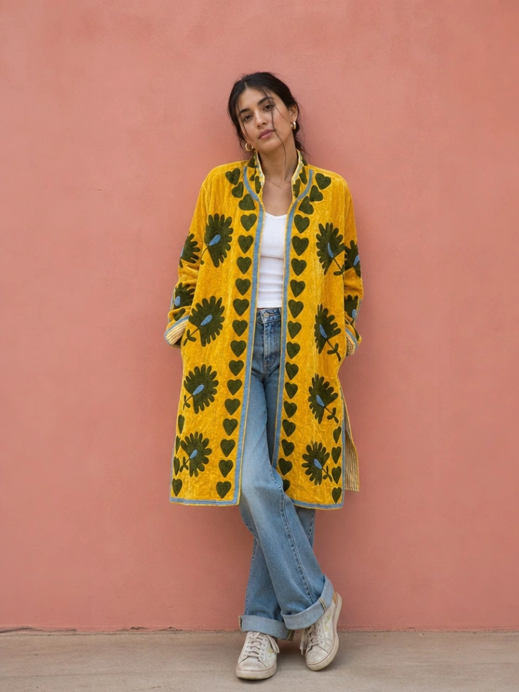 Women's Long Suzani Coat | Artisan Embroidered Kimono Jacket