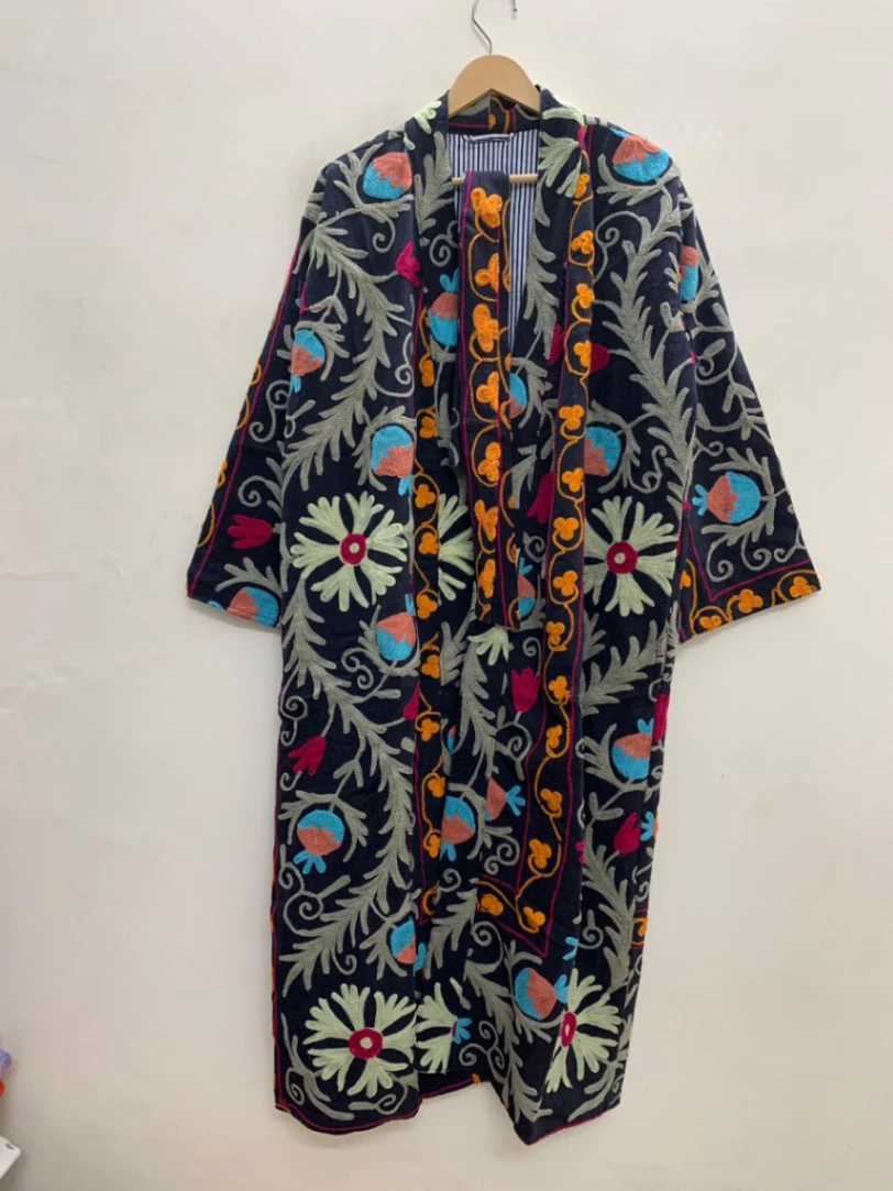 Cotton Suzani Duster Jacket | Vintage Embroidered Bohemian Kimono view 3