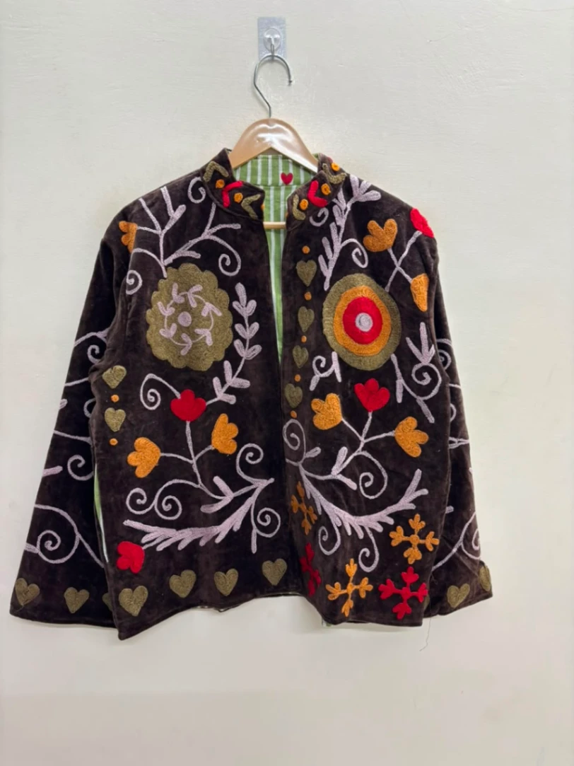 Luxury Velvet Suzani Jacket with Floral Embroidery