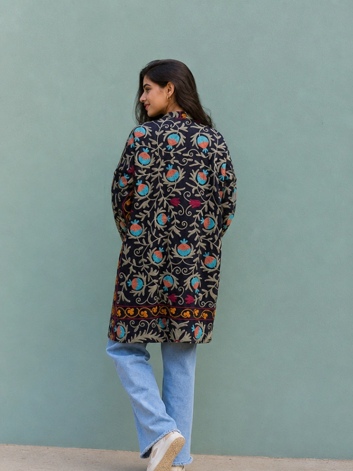 Cotton Suzani Duster Jacket | Vintage Embroidered Bohemian Kimono alternate view
