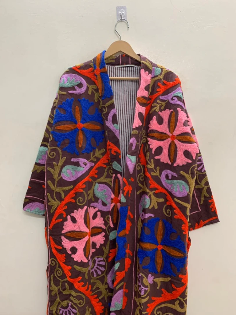 Women's Cotton Suzani Jacket | Long Handmade Embroidered Kimono view 4