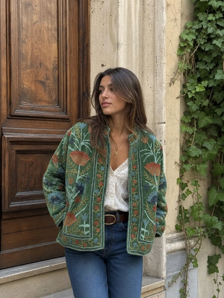 Artisan Hand-Embroidered Botanical Velvet Boho Jacket
