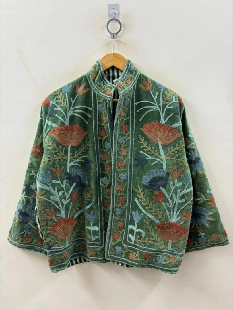 Artisan Hand-Embroidered Botanical Velvet Boho Jacket view 6