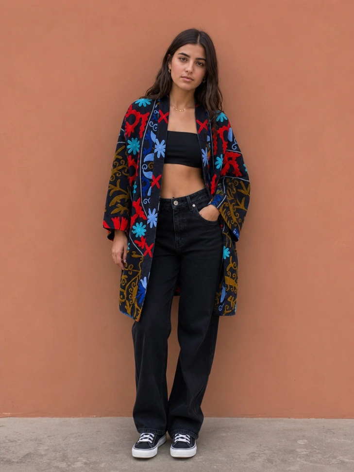 Handmade Cotton Suzani Jacket | Long Embroidered Boho Kimono for Women alternate view