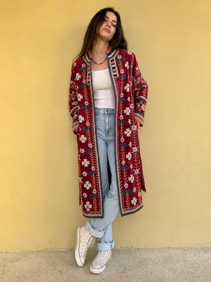 Vintage Suzani Jacket | Long Bohemian Embroidered Kimono