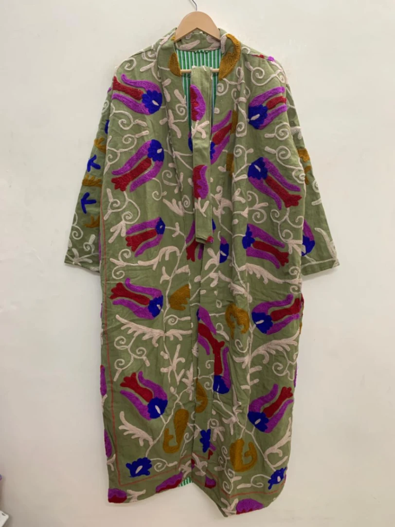 Luxury Cotton Suzani Kimono Jacket | Long Artisan Embroidered Coat alternate view