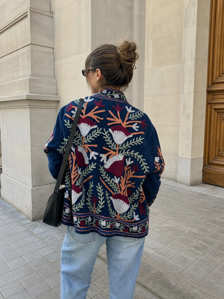 Boho Suzani Embroidered Jacket – Artisan Floral Cotton Kimono Jacket