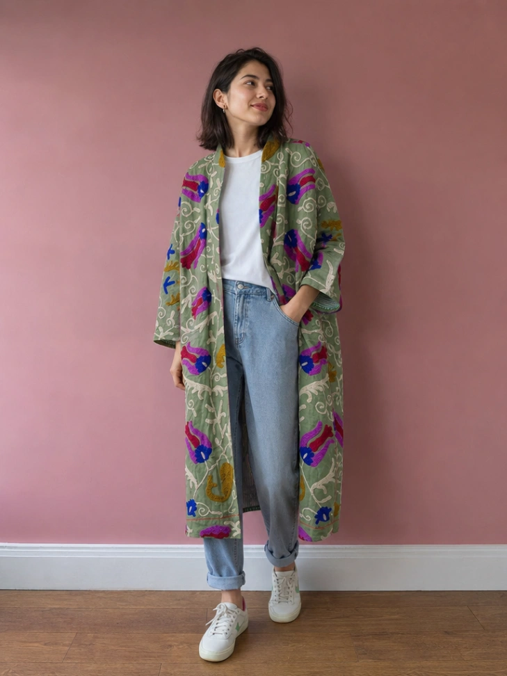 Luxury Cotton Suzani Kimono Jacket | Long Artisan Embroidered Coat