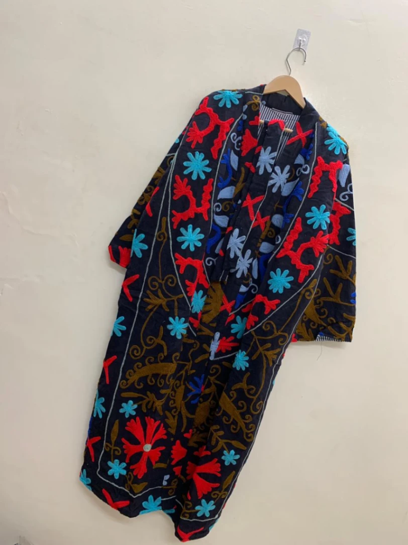 Handmade Cotton Suzani Jacket | Long Embroidered Boho Kimono for Women view 4