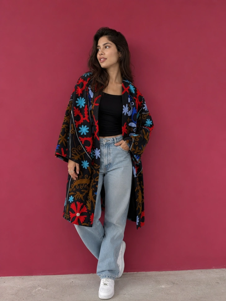 Handmade Cotton Suzani Jacket | Long Embroidered Boho Kimono for Women