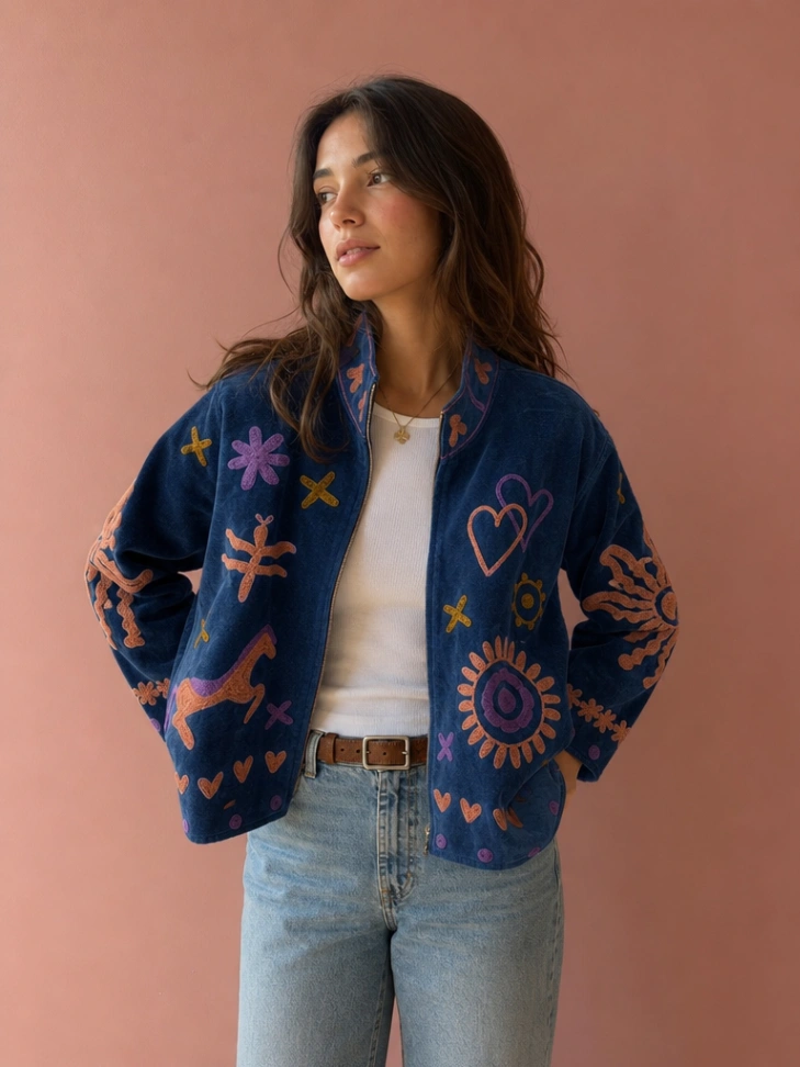 Artisan Hand-Embroidered Whimsical Velvet Statement Jacket