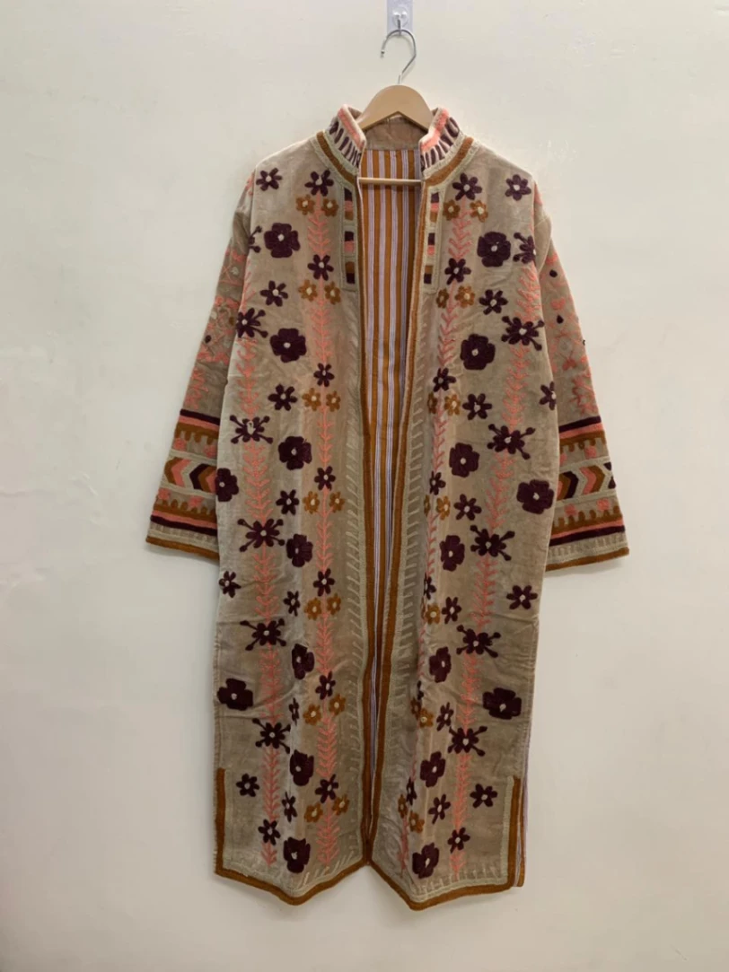 Long Suzani Jacket Handmade | Embroidered Boho Kimono for Women view 3