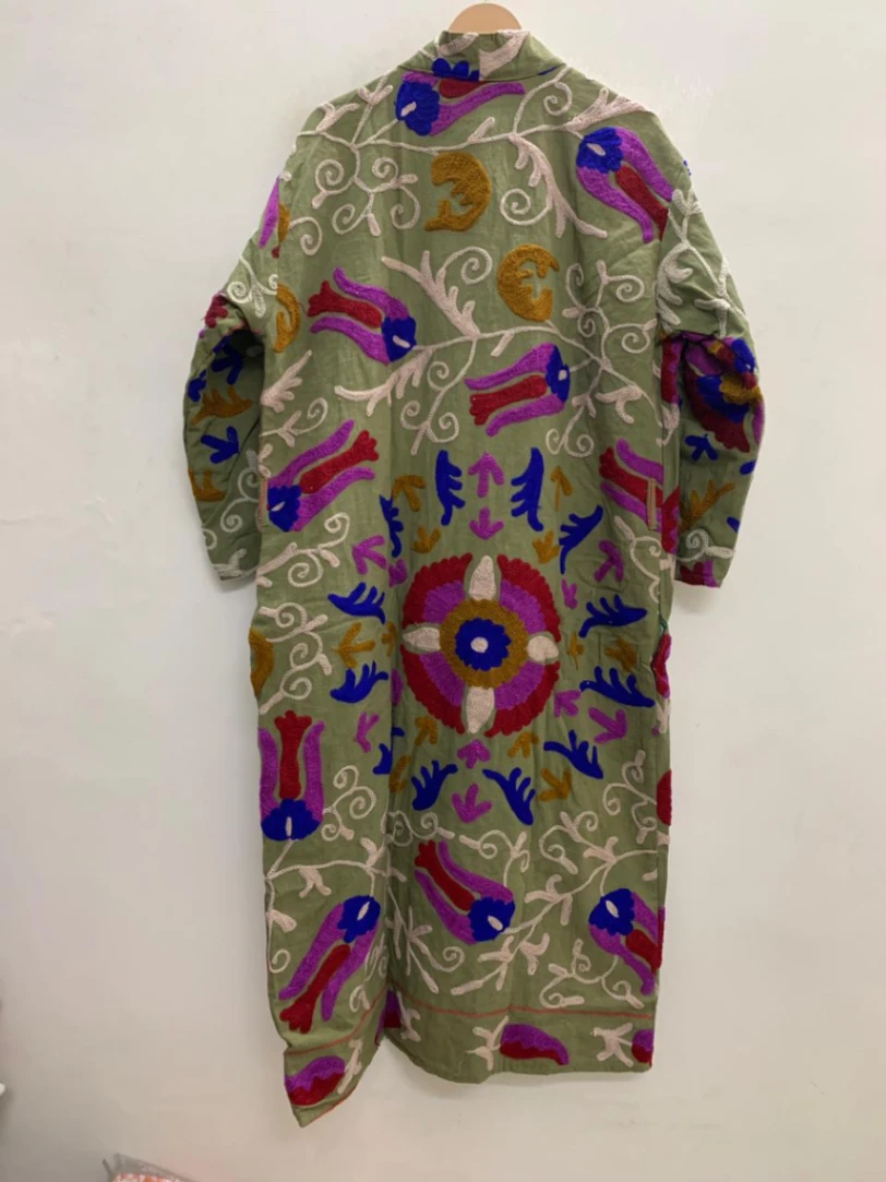 Luxury Cotton Suzani Kimono Jacket | Long Artisan Embroidered Coat view 4