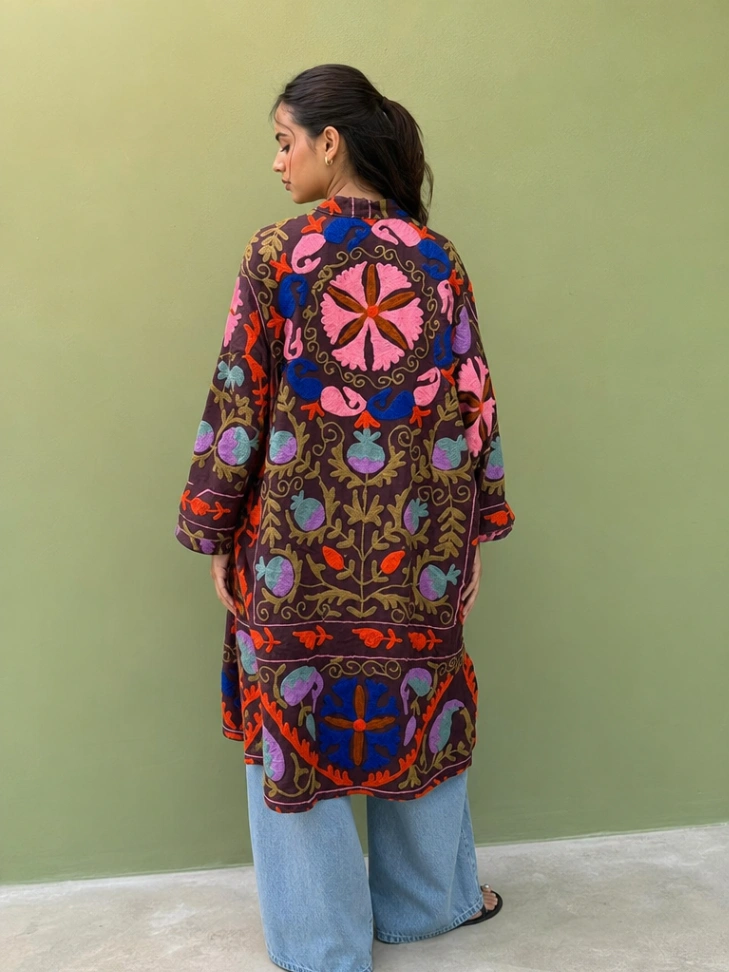 Women's Cotton Suzani Jacket | Long Handmade Embroidered Kimono alternate view