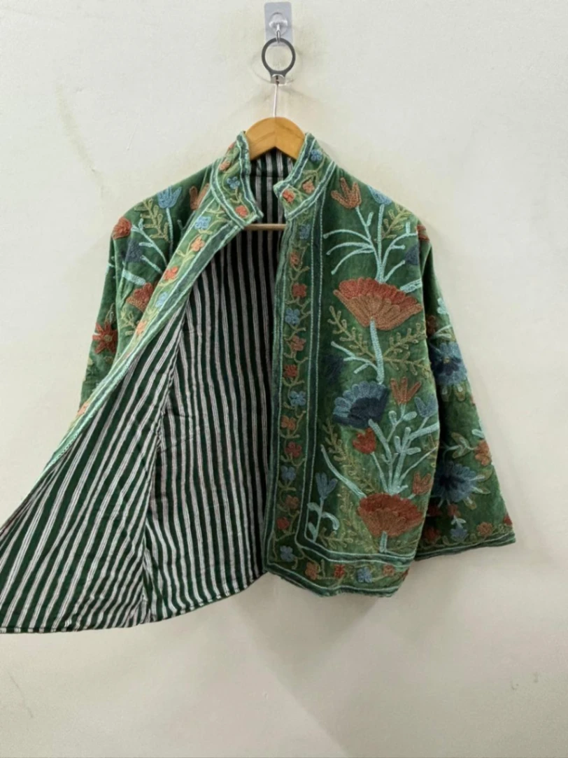 Artisan Hand-Embroidered Botanical Velvet Boho Jacket view 5