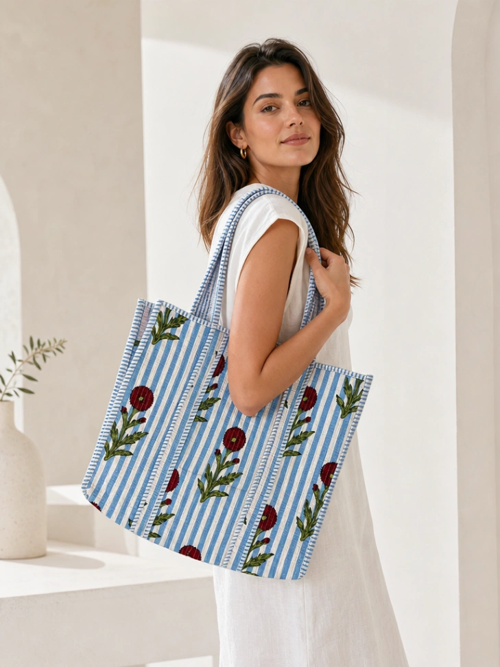 Cotton Travel Tote Bag with Quilted Finish