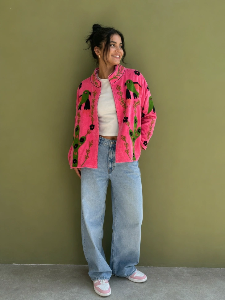 Artisan Hand-Embroidered Cactus & Bird Statement Jacket