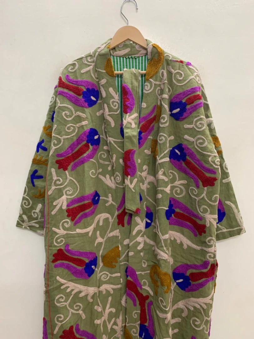 Luxury Cotton Suzani Kimono Jacket | Long Artisan Embroidered Coat view 3