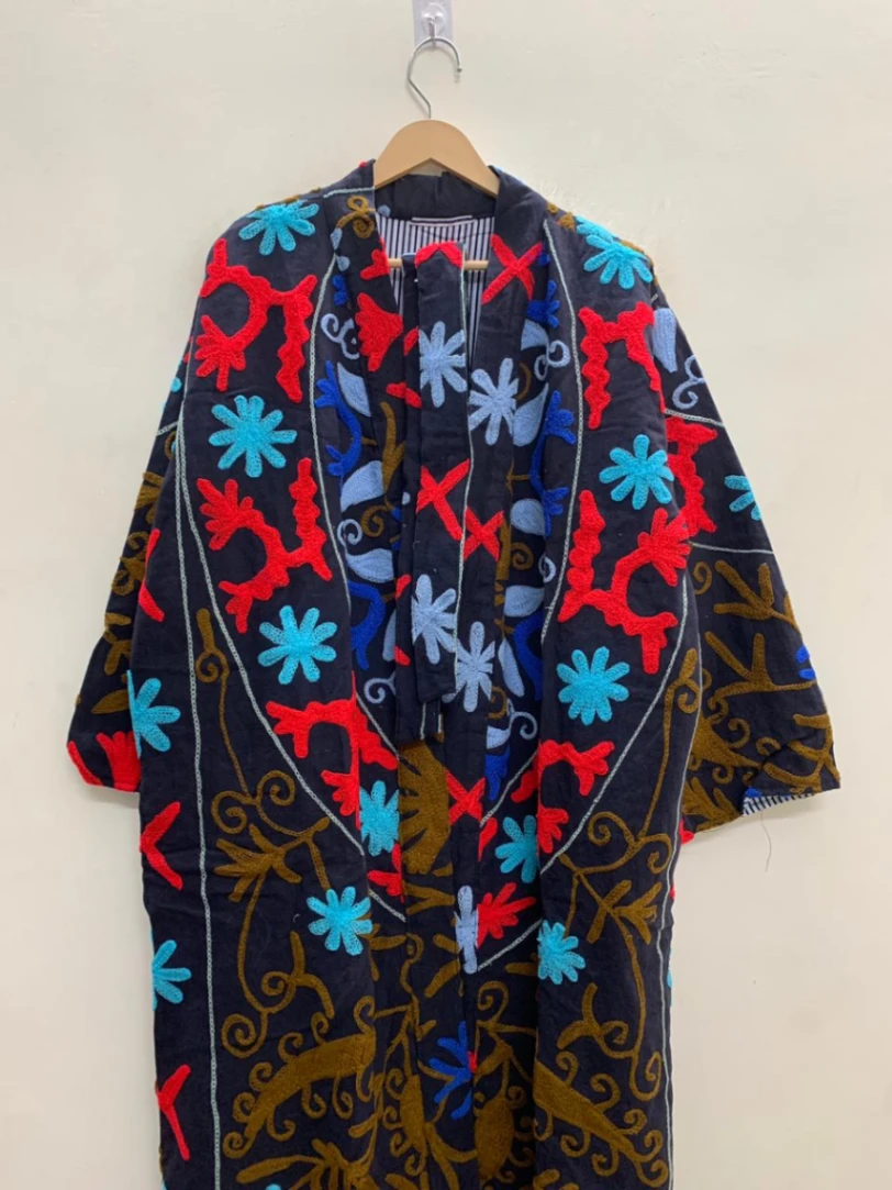 Handmade Cotton Suzani Jacket | Long Embroidered Boho Kimono for Women view 5