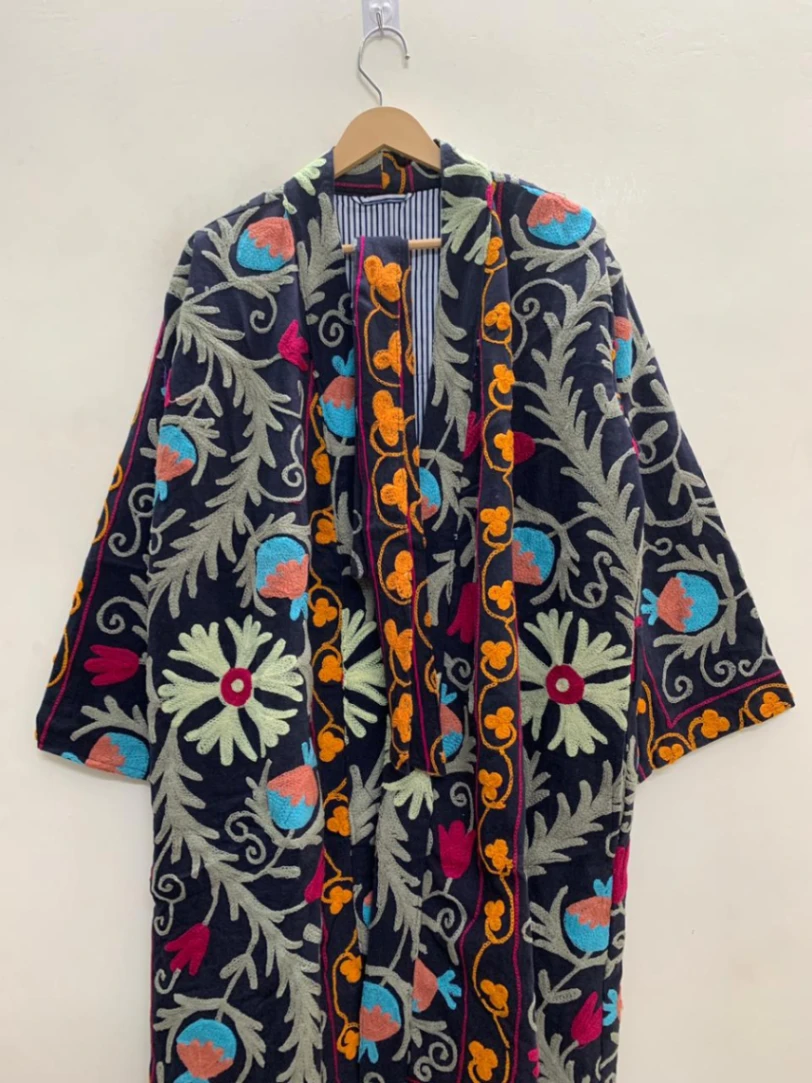 Cotton Suzani Duster Jacket | Vintage Embroidered Bohemian Kimono view 5