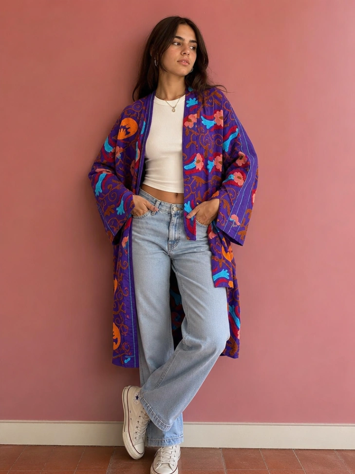 Long Cotton Suzani Kimono | Handcrafted Embroidered Women's Jacket