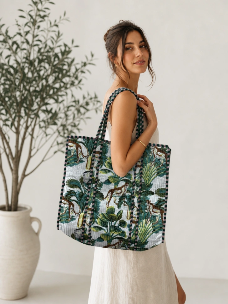 Handcrafted Quilted Cotton Tote Bag with Tiger Print