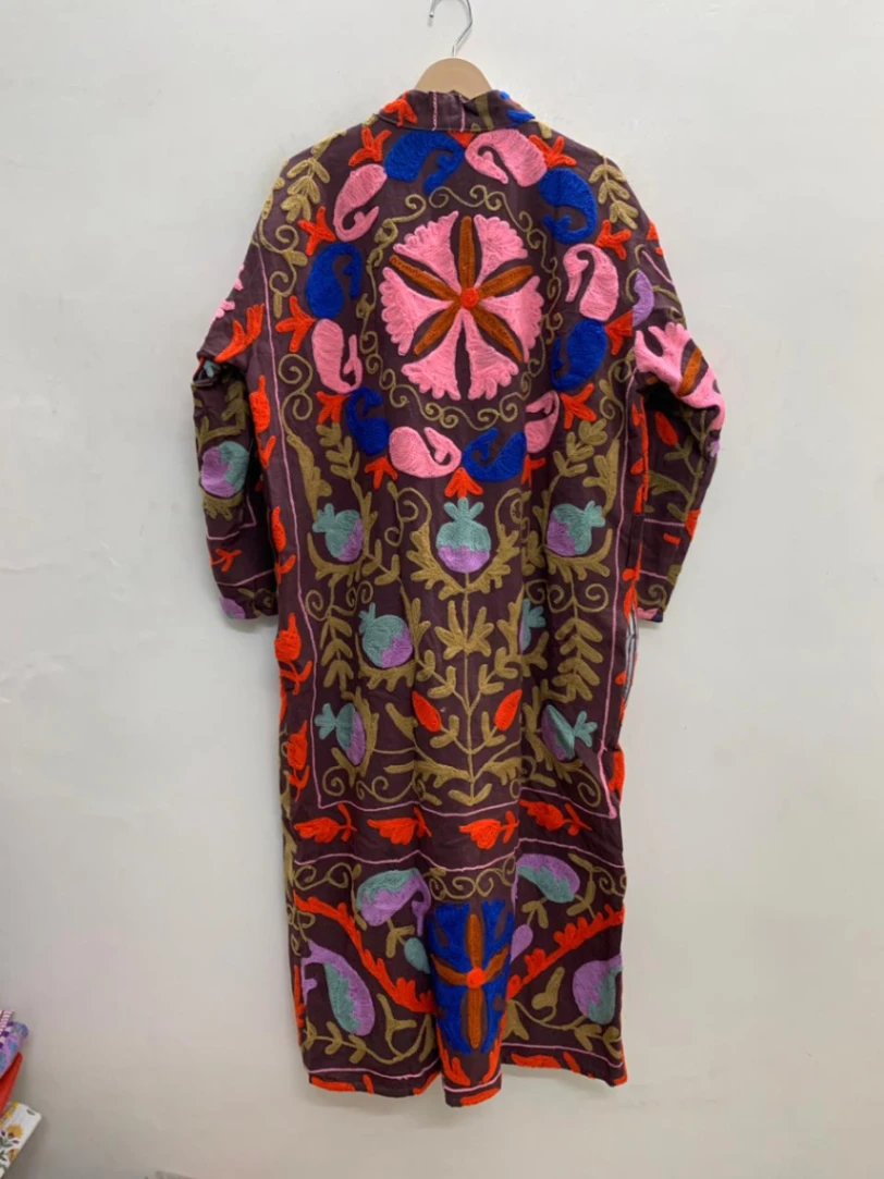 Women's Cotton Suzani Jacket | Long Handmade Embroidered Kimono view 5