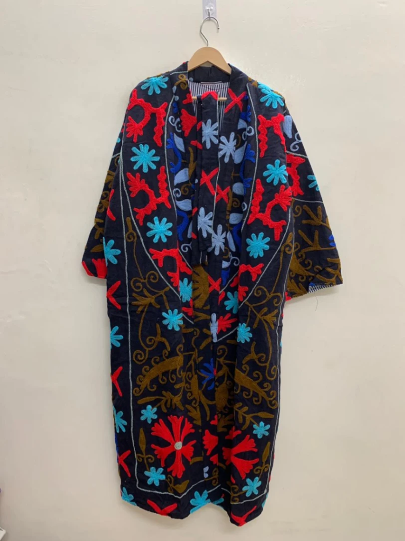 Handmade Cotton Suzani Jacket | Long Embroidered Boho Kimono for Women view 3