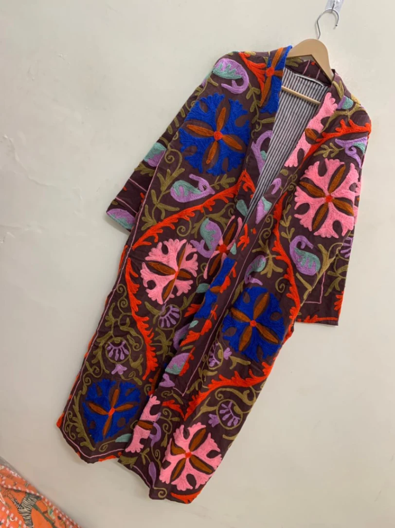Women's Cotton Suzani Jacket | Long Handmade Embroidered Kimono view 3