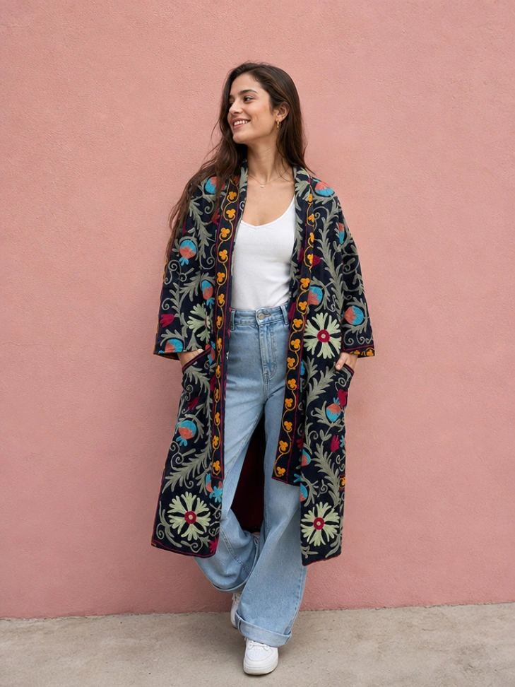 Cotton Suzani Duster Jacket | Vintage Embroidered Bohemian Kimono