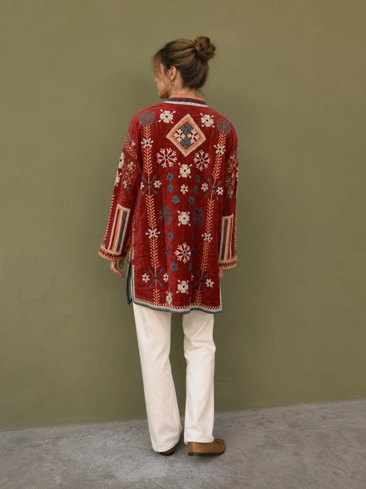 Vintage Suzani Jacket | Long Bohemian Embroidered Kimono alternate view