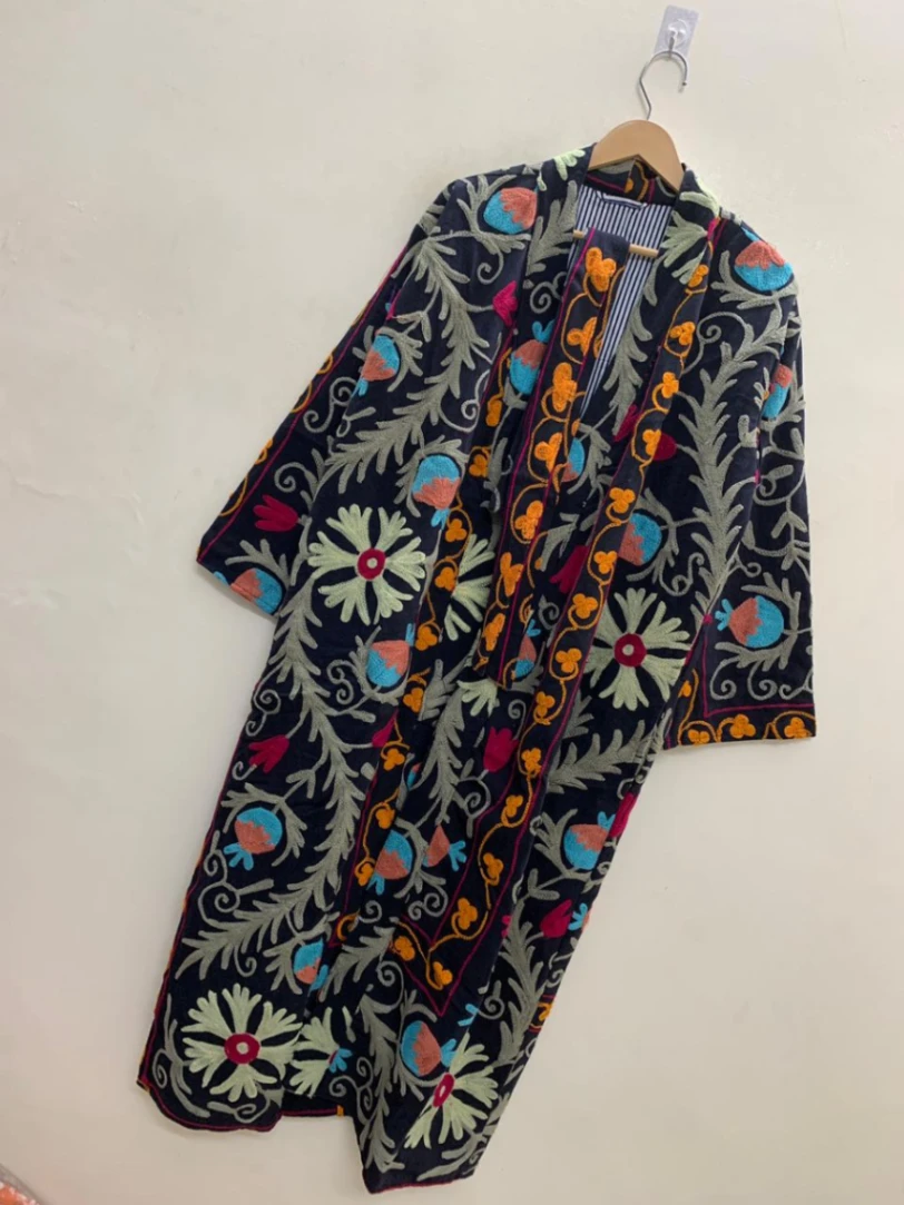 Cotton Suzani Duster Jacket | Vintage Embroidered Bohemian Kimono view 4