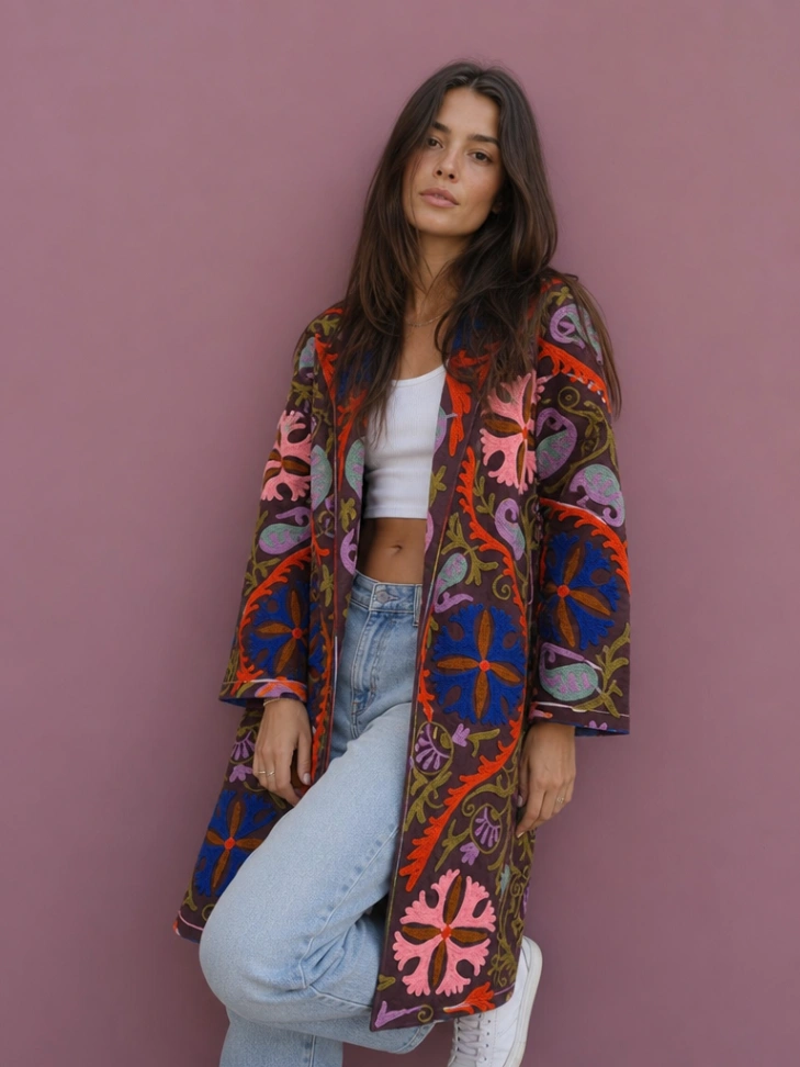 Women's Cotton Suzani Jacket | Long Handmade Embroidered Kimono
